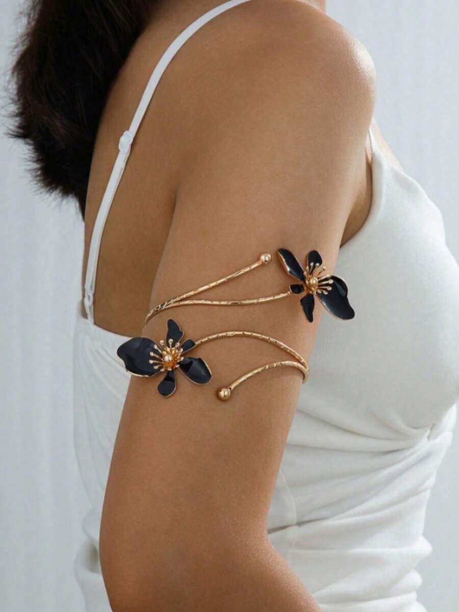 1 件花卉吊坠手镯，优雅时尚的女士配饰，适合度假和休闲穿着 - 黑色 - 查看 1