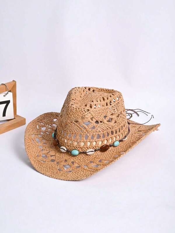 1pc Bohemian Style Solid Color Beaded Hollow Panama Straw Sunhat, Casual Decorative UV Protection Wide Brim Hat, Fashionable Versatile For All Seasons