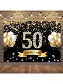 1pc 50th Anniversary Wedding Anniversary Decoration, Black Gold 50th Anniversary Banner Backdrop, Happy 50th Anniversary Party Supplies Decoration Party Banner Photography Background Ground - Multicolor - View 1
