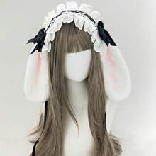 1pc Lolita Rabbit Ear Headband With Bow, Plush Rabbit Ears With Lace Bow, Suitable For Party Costumes, As Gift For Friend's Birthday, Back To School, Thanksgiving Halloween