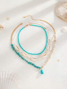 3pcs Fashionable Minimalist Turquoise, Shell, Starfish Beaded Necklace Set, Suitable For Men's Daily Wear