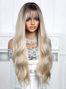 长波浪卷发带刘海 26 英寸渐变金色合成耐热假发 女士日常聚会度假旅行日常佩戴节日礼物 - 漸變金色 - 查看 4