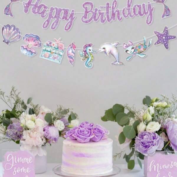 1pc Purple Mermaid Dinosaur Birthday Banner Pull Flag, Purple Mermaid Theme Birthday Party Room Wall Background Decoration Supplies, Favorite Mermaid Style Party Favor, Birthday Gift, Birthday Decor, Home Decor Wall Decor