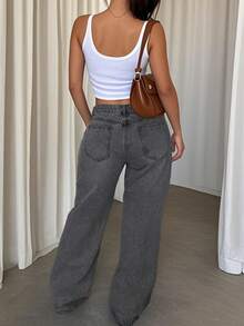 复古蓝色宽松阔腿牛仔裤，新款休闲直筒裤，适合度假、节日、牛仔套装、牛仔裤、长裤、外出等场合，女士牛仔裤，女士牛仔套装，女士牛仔裤，下装 - 黑色 - 查看 3