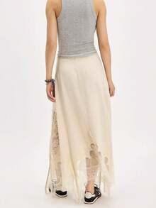 Womens Mesh Sheer Lace Trim Floral Print Long Skirt Solid Color Low Waist Maxi Skirt Fashion Side Split Flowy Skirt Asymmetrical A-Line Skirt For Summer Party - trắng - Xem 3