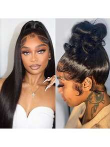 bling hair Jarin Hair Brasilianisches Remy-Menschenhaar, 360-Grad-Vollspitze, glatt, transparent, Schweizer Spitze, günstige Perücken für Frauen - Natural Black - Übersicht 6