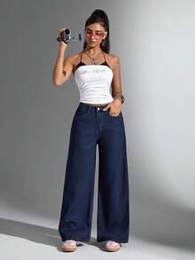 Jeanoix Women's Pocket Loose Wide Leg Casual Versatile Jeans