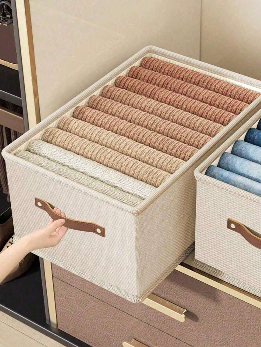 1pc Household Beige Oxford Cloth Collapsible Drawer Type Clothing Storage Box, For Wardrobe, Jeans And Sweater Organization, No Layer Storage Box Clothing Storage Box - 米色 - 查看 1