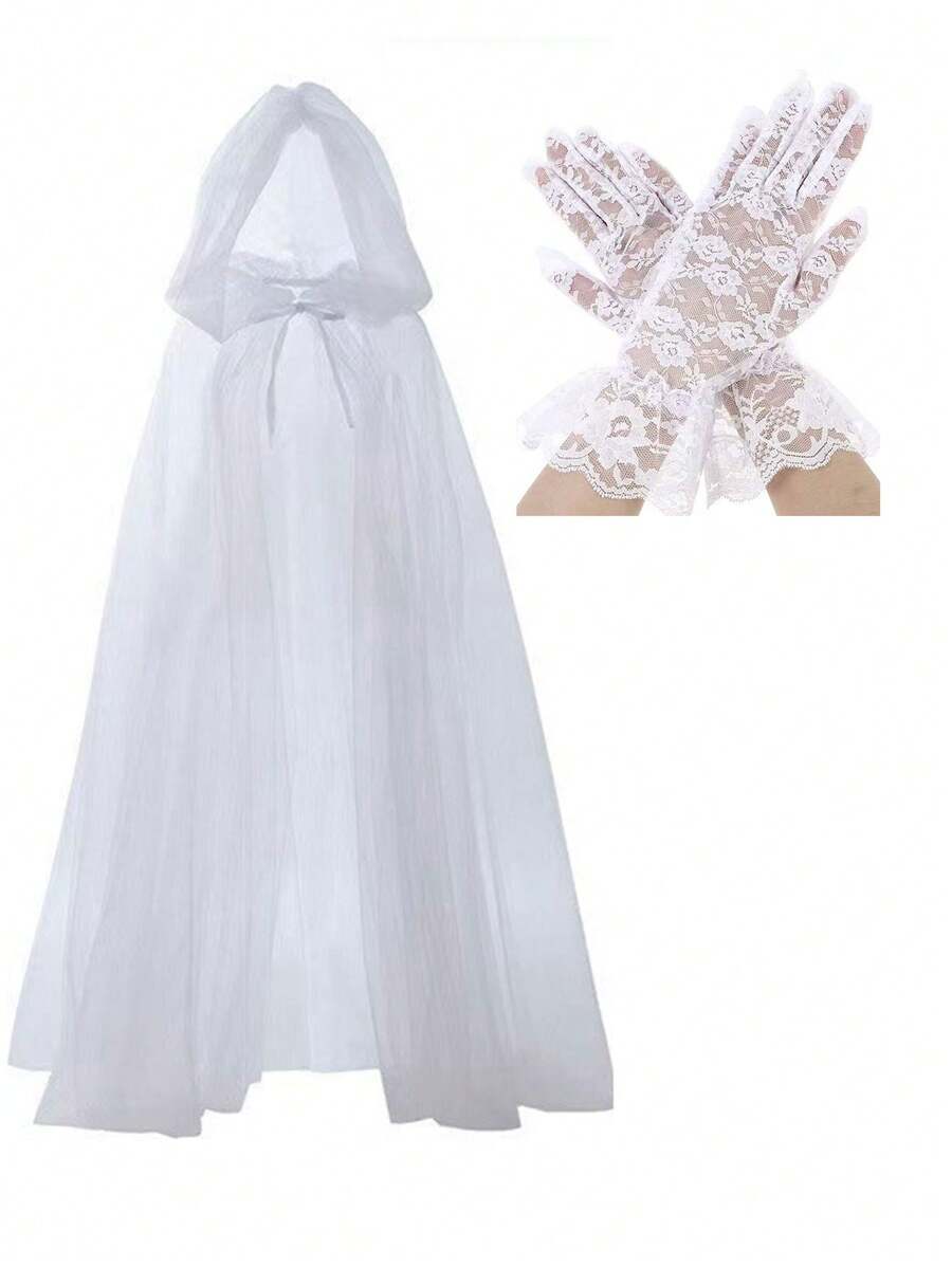 3件套Cosplay鬼怪角色扮演连帽斗篷，双层纱布斗篷+蕾丝手套+半脸眼罩套装，死亡女巫长纱布斗篷舞会派对礼服，节日狂欢恐怖高端套装，万圣节 - 彩色 - 查看 1