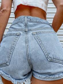 Women's Street Style Non-Stretch Distressed Button Fly Denim Shorts, Versatile Casual Fit For Spring/Summer - Light Wash - View 5