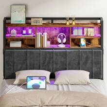 Headboard With 3-Tier Storage Shelves, Velvet Upholstered Head Board With 2 Outlets, USB Ports & LED Light, Soft Backrest For Full Size Bed, Rustic Brown And Black