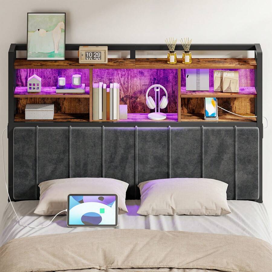 Headboard With 3-Tier Storage Shelves, Velvet Upholstered Head Board With 2 Outlets, USB Ports & LED Light, Soft Backrest For Full Size Bed, Rustic Brown And Black