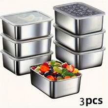3-Piece Stainless Steel Bento Boxes With Lids, Leak-Proof Food Storage Containers, Multi-Function,  Flip Top, Reusable, Rectangular Lunch Boxes For Meal Prep, Gym, Studio, Picnic - Bạc - Xem 2
