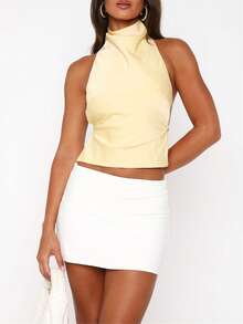 Women's Halter Neck Satin Tank Tops Mock Neck Sleeveless Backless Shirts Solid Color Slim Fit Crop Tops Summer High Neck Vest Camisoles Holiday Beachwear Party Clubwear - 黃色 - 查看 2