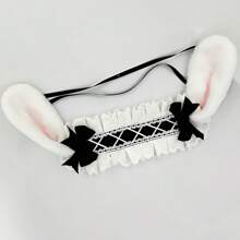 1pc Lolita Rabbit Ear Headband With Bow, Plush Rabbit Ears With Lace Bow, Suitable For Party Costumes, As Gift For Friend's Birthday, Back To School, Thanksgiving Halloween