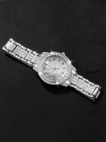 2 pezzi in set: orologio al quarzo con numeri in cristallo argento e bracciale con maglie cubane, accessorio di moda regalo per feste, compleanni