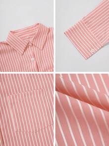 Look Polly 女士条纹长袖衬衫，单排扣休闲时尚款，秋季新款，带口袋设计，返校季复古风条纹衬衫，圣诞节冬季服装 - 櫻花粉 - 查看 11