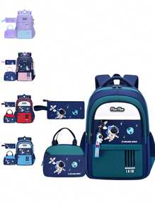 3 件套宇航员印花背包套装，大容量多隔层设计，拉链开合，可调节透气肩带，防滑背垫，适合初中和高中学生，男女通用背包，返校礼物