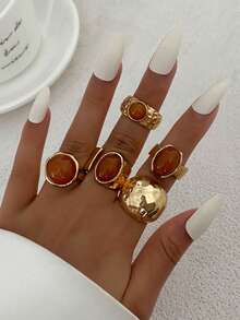 7 件复古时尚几何玉石镶嵌戒指套装，厚金属金色戒指适合女性日常佩戴和派对装饰，礼品首饰套装 - 金黃色 - 查看 8