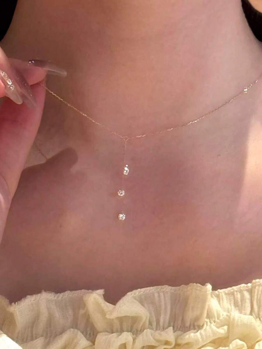 1件S925纯银水滴形锆石吊坠项链，几何Y形长流苏锁骨链，简约优雅，适合女性日常佩戴或作为礼物 - 金色 - 查看 1