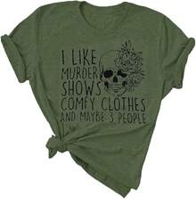 Women Novelty Shirt I Like Shows Friends Horror Tee Maybe 3 People Funny Graphic Casual Athletic Tops - Olive Green - View 1