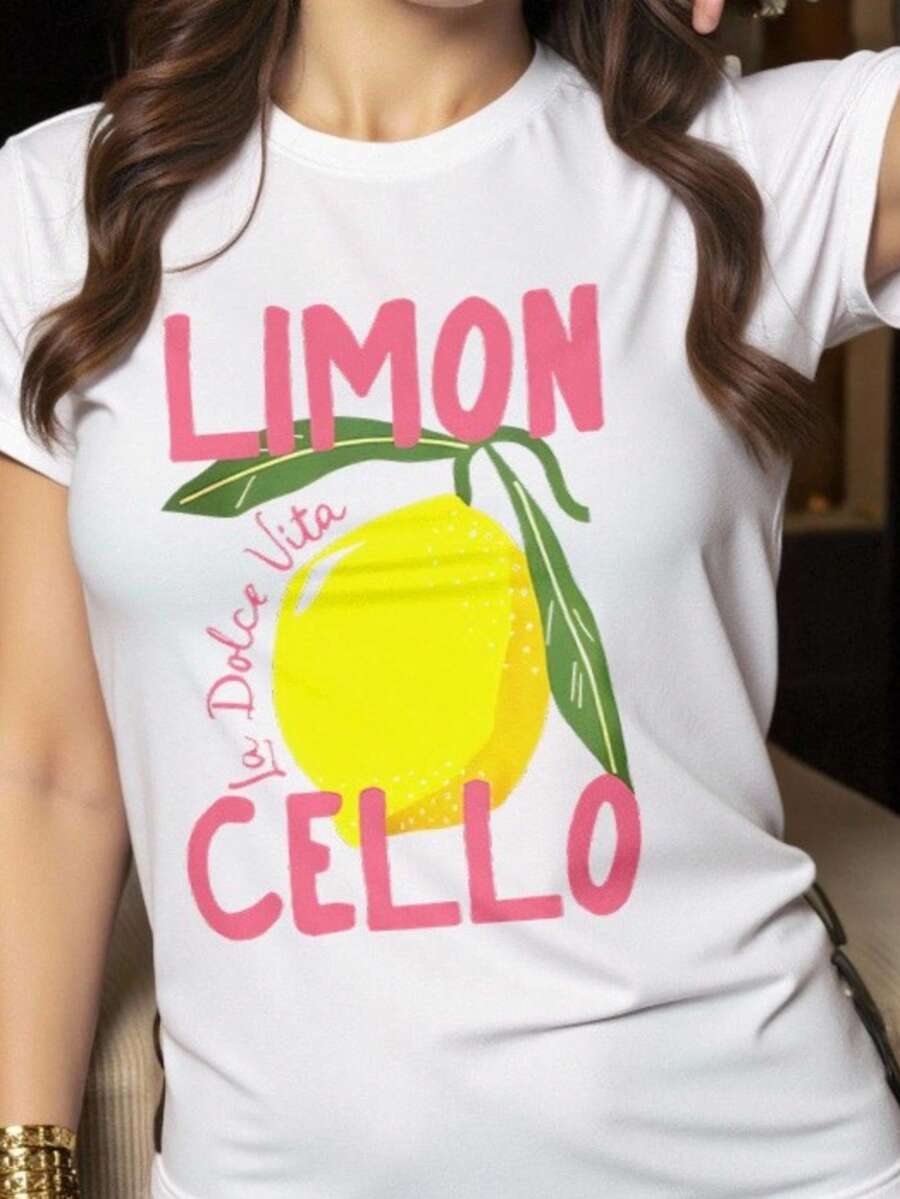 Playera básica mujer dama cuello redondo manga corta estampado GRAFICO DE FRUTAS FRUIT GRAPHIC LIMON LEMON LIMONCELLO casual algodón comodidad estilo moderno | Textura Suave Fortiz - Blanco - Ver 1