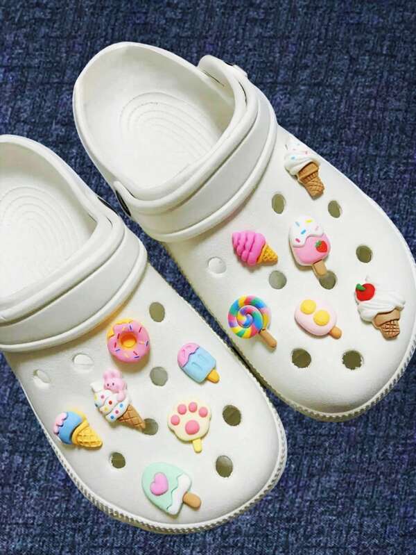 12pcs Donut, Ice Cream, Ice Cream Cone Shoe Charms Set, Suitable For Clogs, Beach Sandals, Casual Shoes