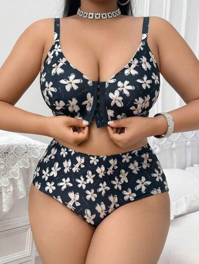 Plus Size Women Floral Print Bra Set