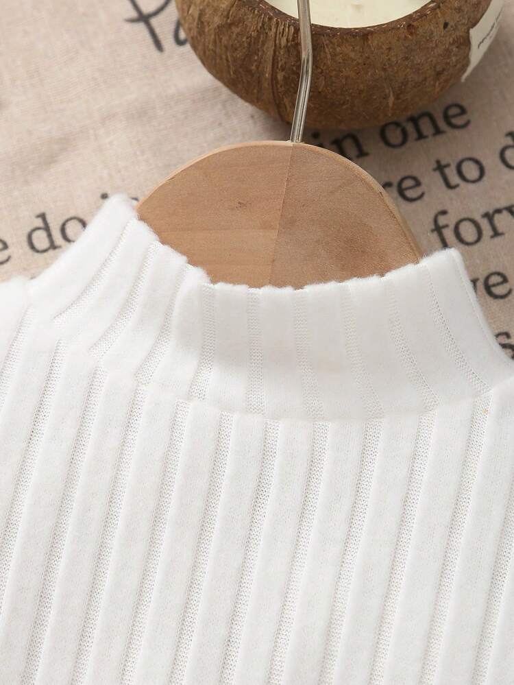 Babyflickor Rund hals, utsvängda ärmar, ribbad vit t-shirt + rund hals, ärmlös öppen rygg, rosett, broderad pärlknapp, blå klänning, 2-delat set - Multifärgad - Visa 4