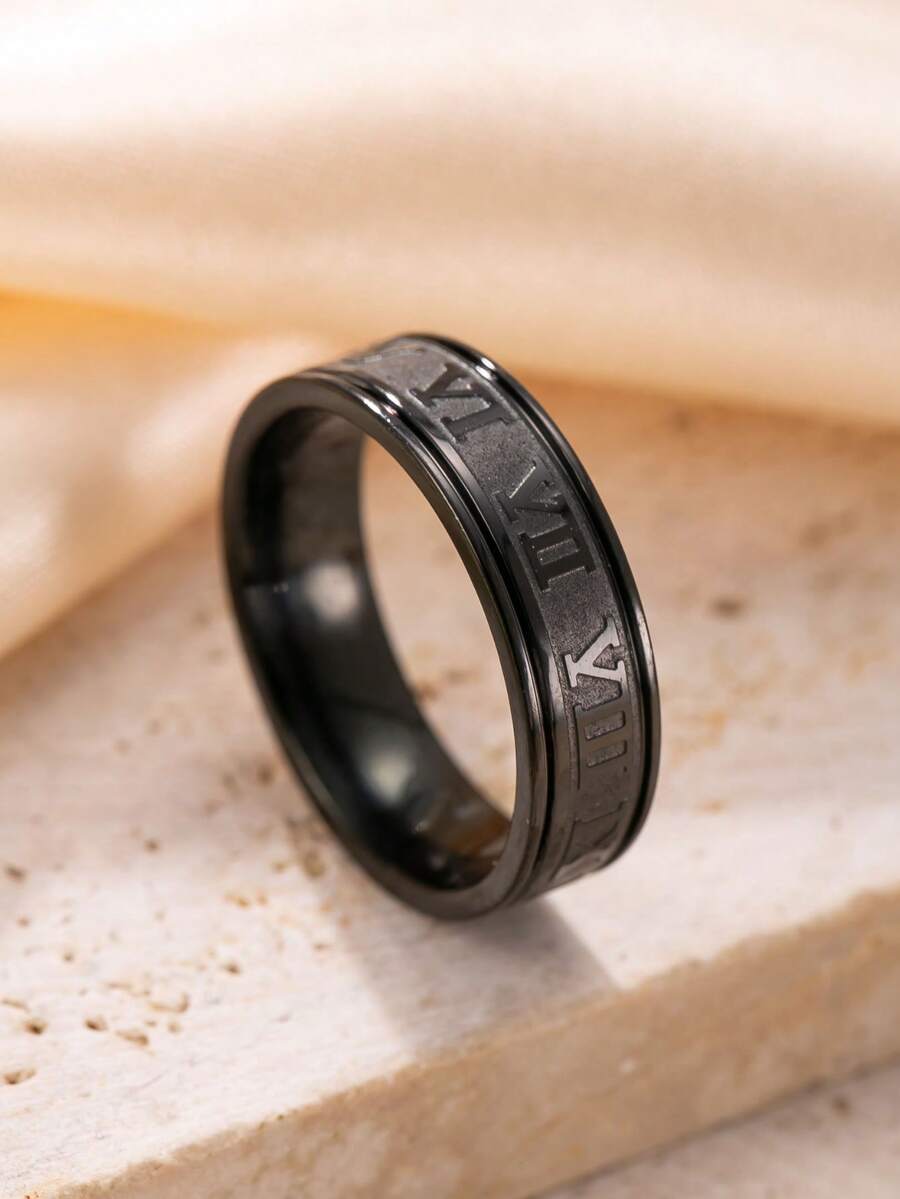 1pc Men's Fashion Punk Style Minimalist Black Stainless Steel Roman Numeral Ring, Suitable For Daily Wear, Parties And Valentine's Day Gift - Black - View 1