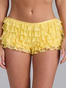 Women's Layered Lace Shorts Casual Stylish Solid Elastic Low Rise Shorts For Spring/Summer - 黃色 - 查看 1