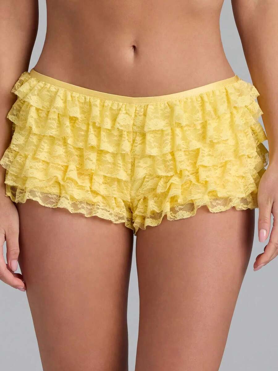 Women's Layered Lace Shorts Casual Stylish Solid Elastic Low Rise Shorts For Spring/Summer - 黃色 - 查看 1