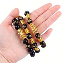 3pcs Feng Shui Lucky Wealth Attraction Bracelets - Natural Stone & Obsidian  Beads With Golden Accents, Double Pixiu Design & Six Character Mantra, Unisex Spiritual Jewelry For Men & Women, Good Luck Charm | Elegant Bracelet | Intricate Beadwork, Bracelet Charms