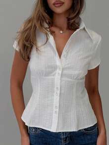Women's Y2K Plaid Shirt Button-Up Short Sleeve Collared Slim Fit Casual Summer Blouse Tops - White - View 6