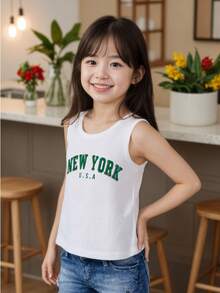 Girls' Fashion Street Casual Vertical Stripe Letter Print Versatile Comfortable Tank Top - White - View 3