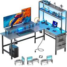 HLDIRECT L Shaped Gaming Desk With LED Light & Power Outlet, Corner Computer Desk With Storage Shelves & Drawer & Bag, Game Table With Hutch Monitor Stand, Home Office - Grey - View 2
