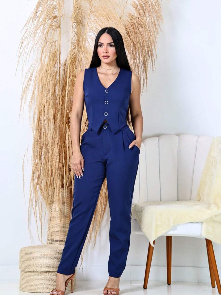 Women's Formal Skinny Pants Tailoring Set - Navy Blue - View 1