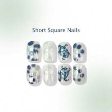 MSummer Beach Pr On Nails Short Square Fake Nails White False Nails Pr Ons With Starfish Turtle Design Reusable Artificial Nails Full Cover Glue On Nails Stick On Nails For Women Manicure 24 Pcs8001 - Kiểu-33 - Xem 4