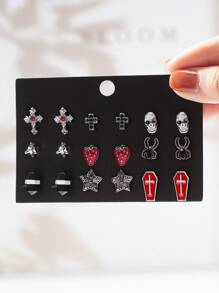 9 Paar Gothic Stil Spitzen Anhänger Set mit Kreuz, Herz, Stern, Spinne, Totenkopf Motiven, vielseitig einsetzbare Party Socken