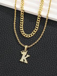 2pcs Set: Fashionable Crown & Letter Pendant Twist Rope Chain And Cuban Chain Multi-Layer Necklace, Suitable For Children Boys Girls Street Party Accessories, Daily Wear - Gold - View 4