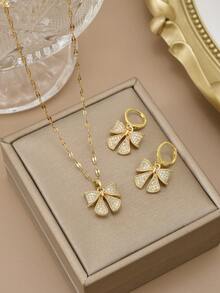 1 件时尚全水钻方晶锆石蝴蝶不锈钢女士项链，1 对时尚全水钻方晶锆石蝴蝶不锈钢女士耳环 - 金黃色 - 查看 9