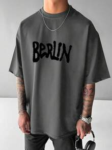Plus Size Men's Street Graffiti Letter Print Round Neck Short Sleeve T-Shirt - Dark Grey - View 2
