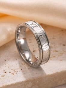 1 件男士时尚朋克风格简约银色不锈钢罗马数字戒指，适合日常佩戴、派对和情人节礼物 - 銀色 - 查看 2