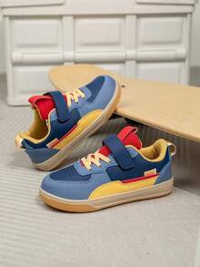 1 Pair Children's Mid-Top Sports Shoes, PU Leather Casual Running Shoes, Easy Slip-On , Lightweight Non-Slip Breathable Comfortable, Fashion Patchwork Color, Suitable For Boys And Girls - Blue - View 6