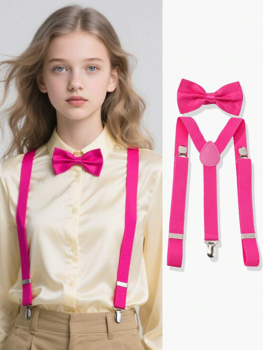 2 件英式背带夹男孩和女孩通用弹力织带吊带带动力夹背带裤带蝴蝶结小狗保持回到学校 - 玫紅色 - 查看 1
