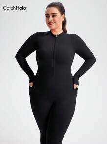 Catch Halo Zip Up 4-Way Stretch Plus Size Bodysuit For Women - Crew Neck & Long Sleeve Jumpsuit With Side Pockets | Tummy Control & Butt Lifting Body Slimming Workout Romper | Breathable Squat Proof Workout Set For Gym, Yoga, Pilate, Running, Cycling (Black, 0XL~2XL)