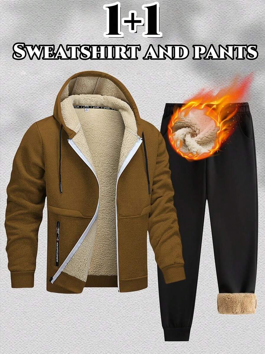 2pcs Men's Outdoor Thickened Hoodie Suit, Fleece Sweatshirt + Fleece Sweatpants, Daily Hiking Casual Versatile Men Set, Autumn/Winter - Multicolor - View 1