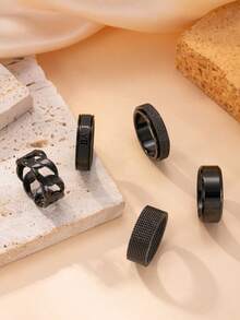 5pcs Fashion Stainless Steel Rings Set, Simple Golden Rotatable Rings, Hip Hop Hollow Out Rings Set - 5pcs - View 9