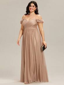 EVERPRETTY 大码女士优雅露肩碎花礼服，香槟色伴娘礼服，适合春夏婚礼、派对、宴会 - 杏色 - 查看 6