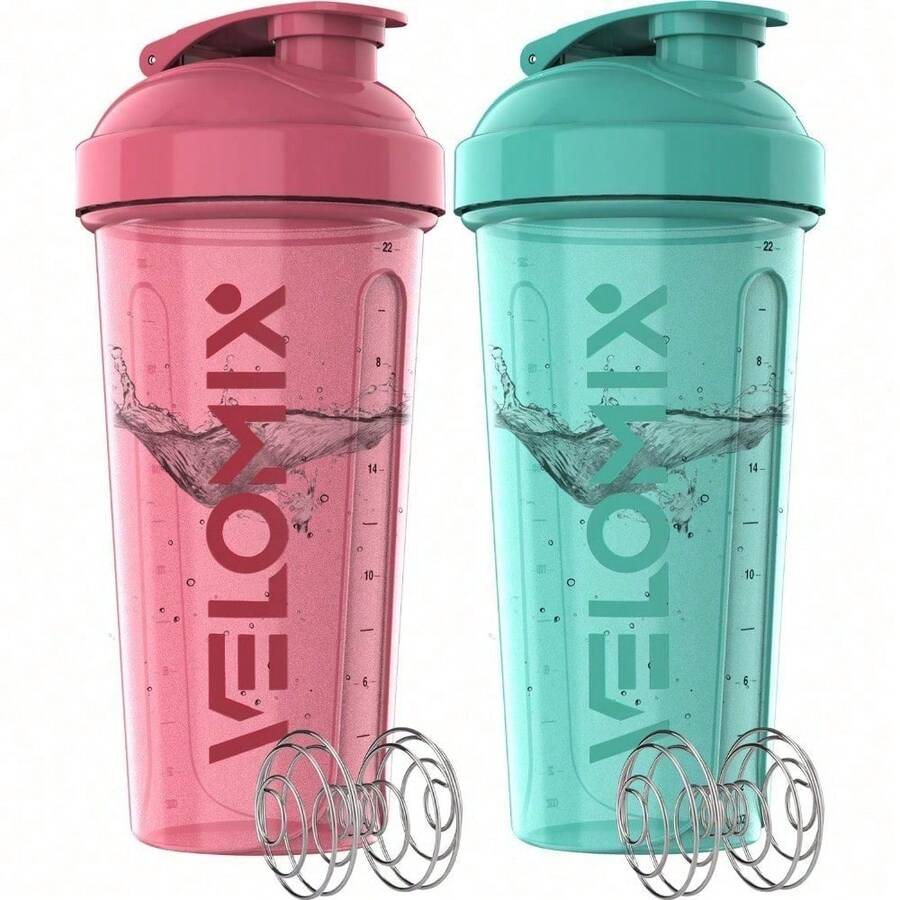 2-Pack 28oz/830ml Premium Shaker Bottles With 4 Stainless Steel Balls - Leakproof Mixer Cups For Protein, Smoothies & Meal Replacement - Gym, Office, Travel & Home Use - Blue & Clear Combo With Measurement Marks - 3)粉紅色/綠松石色 - 查看 1